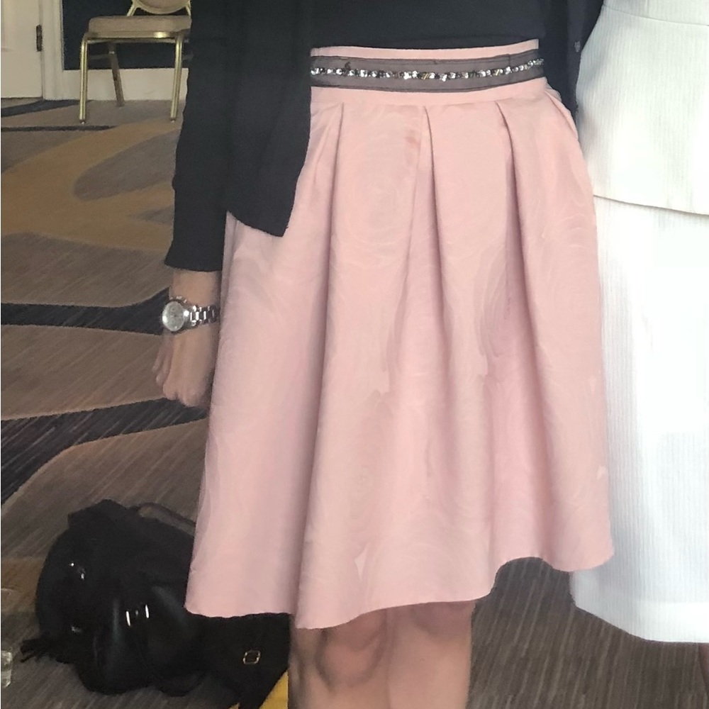 Pink skirt with jeweled ribbon waist.